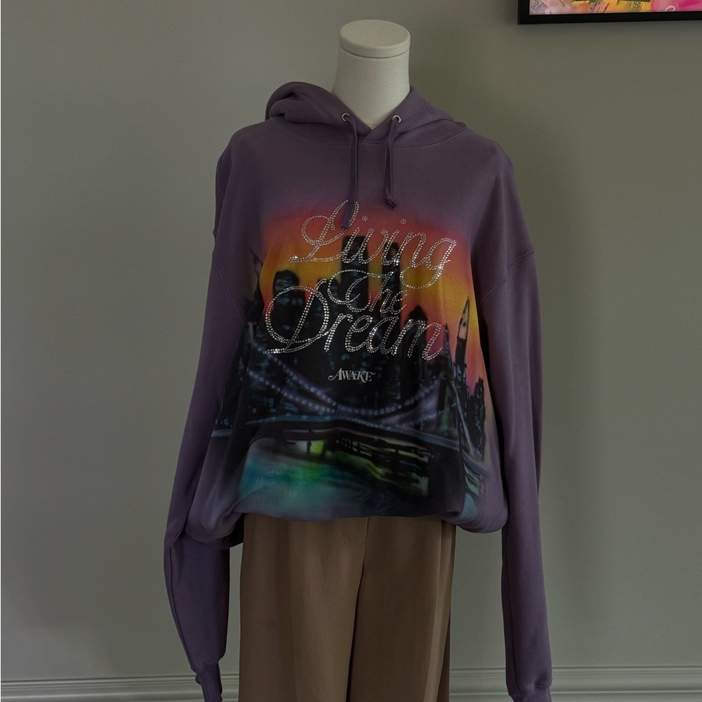 Purple Graphic Hoodie with Cityscape Design